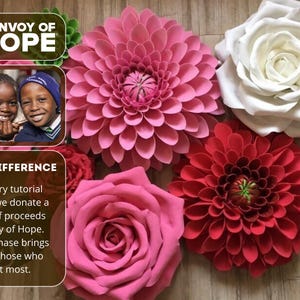 Pode incluir: Uma variedade de grandes flores de papel coloridas, incluindo uma d&aacute;lia rosa, uma rosa branca e uma d&aacute;lia vermelha. A imagem tamb&eacute;m inclui texto que diz "Convoy of Hope" e "Make a Difference".
