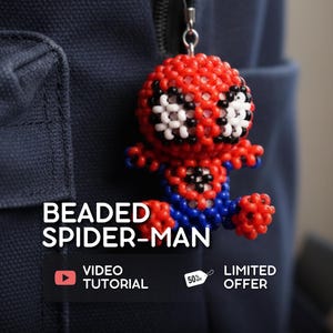 May include: A beaded Spider-Man charm in red, blue, black, and white. The charm is attached to a silver-colored lanyard. The image includes the text "Beaded Spider-Man", "Video Tutorial", and "Limited Offer".