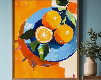 Oranges Kitchen Wall Art, Oranges on Blue Plate Print, Vibrant Fruit Poster, Eclectic Food Art, Colorful Dining Room Decor