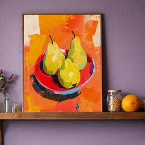 Arte murale da cucina con pere gialle, poster di frutta vibrante, arredamento eclettico per ristoranti, stampa colorata per sala da pranzo, arte alimentare arancione e gialla