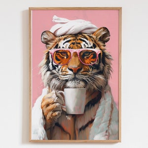 Tiger Drinking Coffee Maximalist Dopamine Wall Art Print Poster, Colorful Trendy Kitchen Art Decor