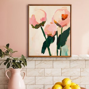 Dipinto a olio di peonie rosa, arte floreale con pennellate sciolte, arte murale neutra color crema salvia, stampa floreale astratta di ispirazione vintage