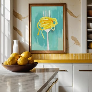 Forchetta con spaghetti Arte da cucina blu, pittura di cibo italiano, natura morta mediterranea, decorazione da parete estiva per ristoranti, stampa artistica da bar