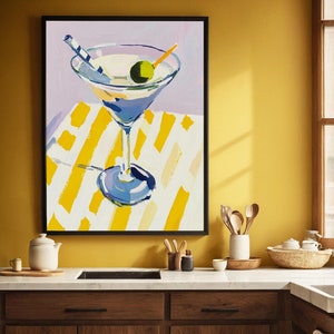 Poster artistico di natura morta con bicchiere da Martini, stampa su tessuto a strisce gialle, decorazione da parete per bar della cucina, arte del ristorante, dipinto acrilico giallo lilla