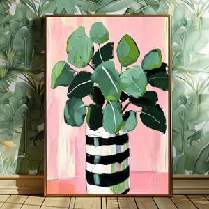 Impresión artística de plantas botánicas, decoración de pared con jarrón a rayas y vegetación, pintura de eucalipto con fondo rosa, póster minimalista moderno de plantas.