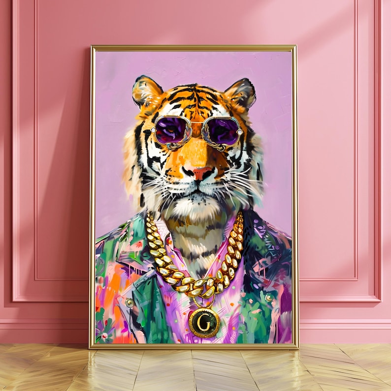 May include: A framed art print depicting a tiger wearing purple sunglasses, a gold chain necklace, and a vibrant jacket. The tiger's face is detailed with orange, black, and white fur. The background is a soft purple.