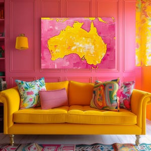 Kleurrijke poster print Australië kaart - acryl roze geel geschilderde eclectische muurkunst voor maximalistische interieurs