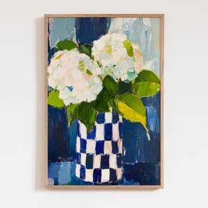 White Hydrangeas Oil Painting, Cottagecore Floral Art, Palette Knife Flower Wall Decor, Abstract Blue and Green Botanical Print
