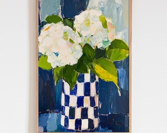 White Hydrangeas Oil Painting, Cottagecore Floral Art, Palette Knife Flower Wall Decor, Abstract Blue and Green Botanical Print