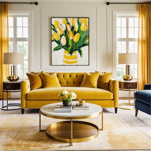 Cuadro de tulipanes amarillos, impresión floral expresionista, decoración minimalista de pared de Pascua, ilustración floral de jarrón a rayas, idea de regalo de primavera