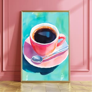 Roze koffiekopje art poster, turquoise keuken muurkunst, café stilleven print, eten poster, eetkamer kunst, aquarel koffie print