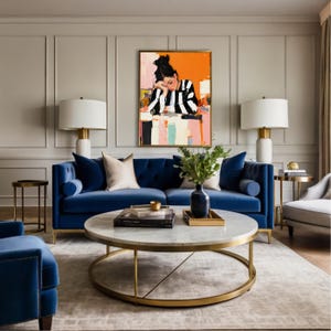 May include: A blue velvet sofa with a gold metal coffee table in a living room setting. The coffee table has a marble top and a gold metal frame. A painting of a woman in a striped shirt is hanging on the wall behind the sofa.