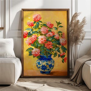Arte mural botánico, impresión artística de flores, póster de ramo de flores, impresión de mercado de flores, póster de jarrón de flores, arte de cerámica azul y blanca con dalias