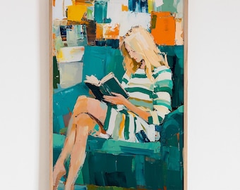Vibrant Green Blue Abstract Woman Reading Book Painting, Large Colorful Art Poster, Acrylic Abstract People Wall Art Decor