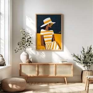 Póster de arte abstracto en azul oscuro y amarillo: arte de pared de mujer en acrílico moderno: decoración de interiores colorida y vibrante