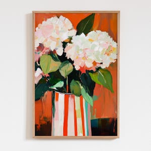 Arte mural floral de hortensias blancas, impresión impresionista moderna y colorida, decoración de dopamina con jarrón a rayas, pintura maximalista de verano