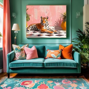 Colorful Tiger Acrylic Art Print, Modern Summer Maximalist Wall Art, Tropical Room Decor