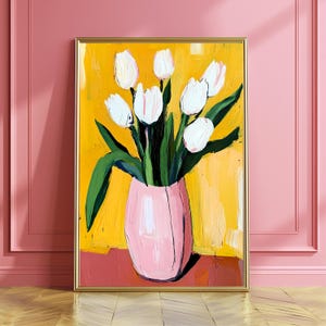 Impression d'art tulipes blanches en vase rose, nature morte minimaliste audacieuse, art mural printanier sur fond jaune, cadeau de peinture de fleurs impressionniste