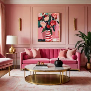 Impresión artística abstracta de rosas retro, jarrón de rayas rosas y rojas, cuadro vintage minimalista audaz, póster floral estilo Matisse