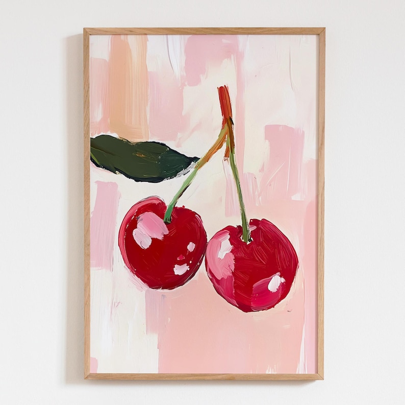 May include: A painting of two red cherries with green stems and leaves on a pink and white background.