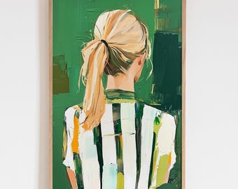 Emerald Green Acrylic Abstract Woman Painting Art Print, European Blond Portrait Wall Art, Large Green Striped Poster, Modern Decor