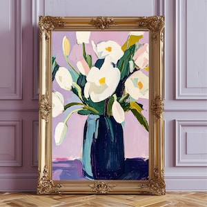 Weiße Tulpen in Indigo Vase Kunstdruck, Matisse inspirierte Blumenmalerei, Frühling abstrakte Wandkunst, moderne bunte Geschenkidee