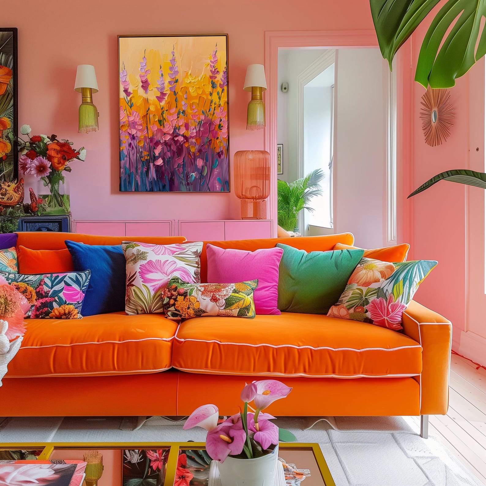 Printed Purple Yellow Wild Flowers Eclectic Funky Maximalist Art Print