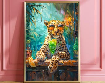 Vibrant Leopard Drinking Cocktail Art Print Poster - Funky Wall Art for Maximalist Decor