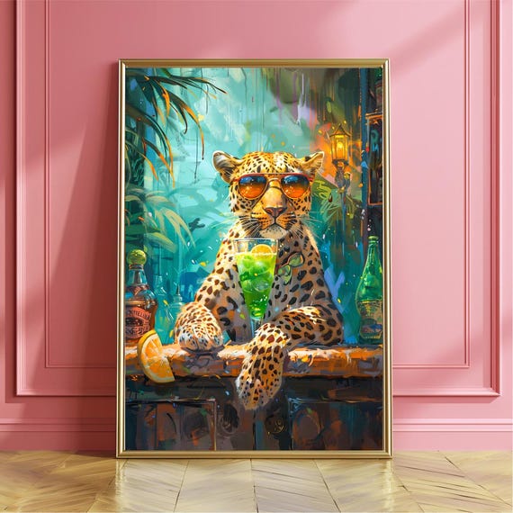 Vibrant Leopard Drinking Cocktail Art Print Poster - Funky Wall