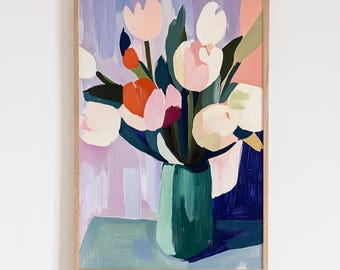 Pintura abstracta de tulipanes en gouache, arte floral minimalista para pared, pinceladas pastel, estampado floral moderno, póster botánico plano