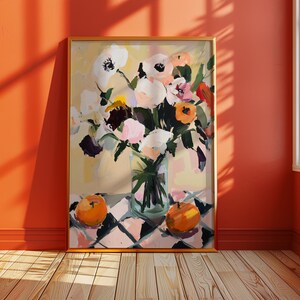 Matisse Style Floral Oil Painting Print, Summer Still Life Wall Art with Flowers & Oranges, Colorful Art Gift for Her or Home Decor