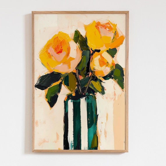 黄色いバラの抽象画、ミニマリストの花のアート、パステルオイル