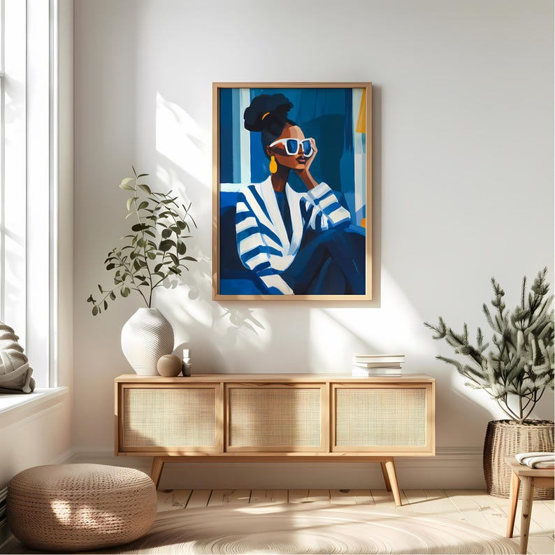 Navy Blue and White Abstract Woman Art Print - Contemporary Wall Decor ...