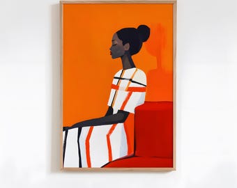 Orange Red Abstract African Woman Art - Minimalist Print - Contemporary Large Wall Art - Living Room Decor - Stripe Woman Artwork
