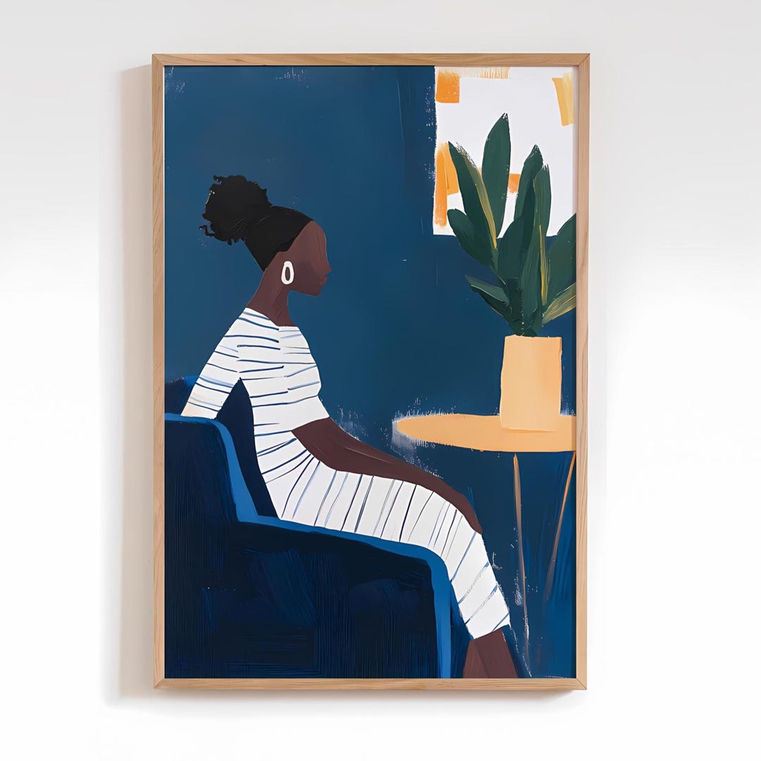 Navy Blue and White Abstract Stripe Dress Woman Art Print - Moody ...
