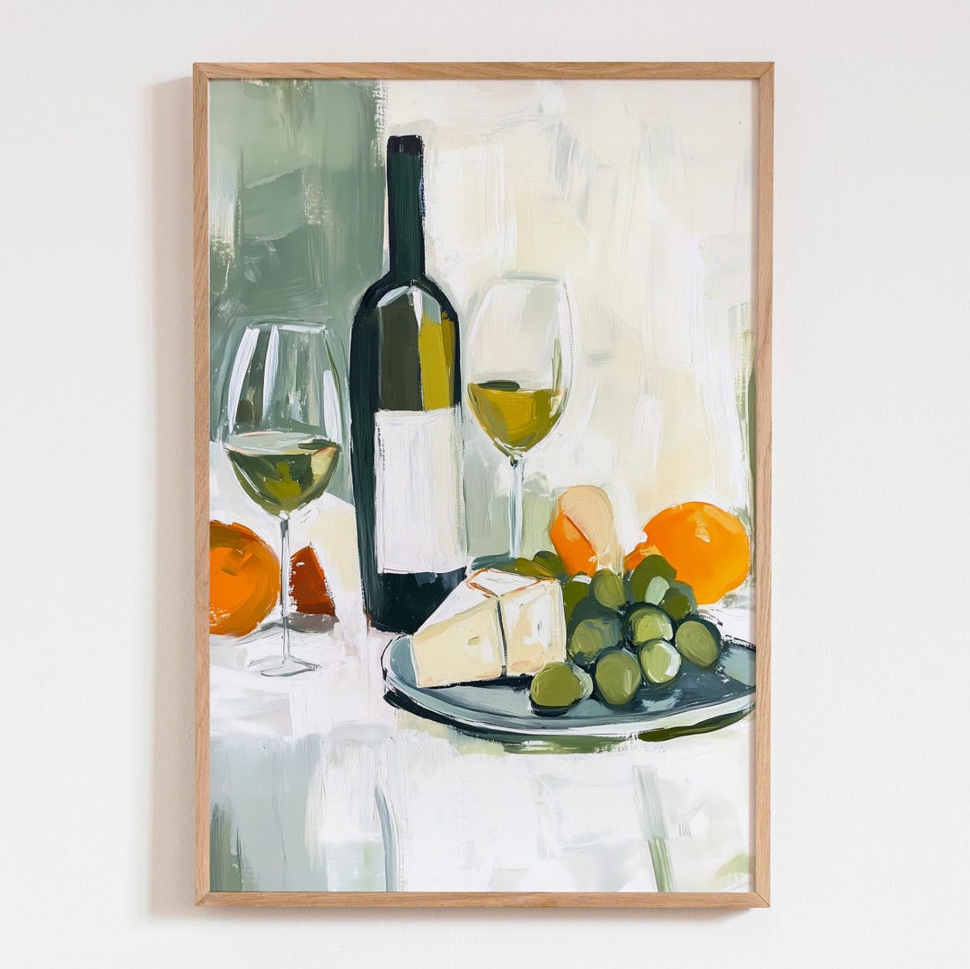 Wine Cheese Fruits Still Life Art Print, Neutral Kitchen Bar Poster ...