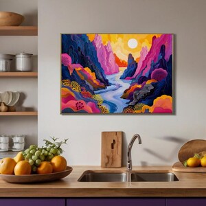May include: A colorful abstract painting of a river flowing through a valley with mountains on either side. The mountains are a mix of pink, purple, and blue, and the river is a light blue. The sky is a bright yellow, and there is a sun in the upper right corner of the painting.