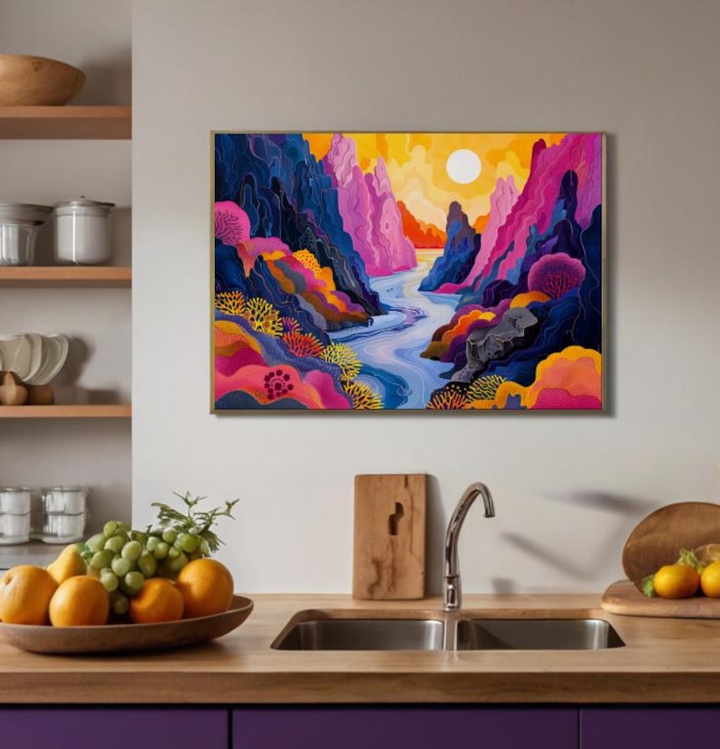 May include: A colorful abstract painting of a river flowing through a valley with mountains on either side. The mountains are a mix of pink, purple, and blue, and the river is a light blue. The sky is a bright yellow, and there is a sun in the upper right corner of the painting.