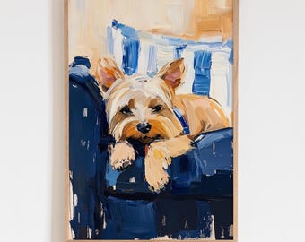 Pintura al óleo de un Yorkshire Terrier sobre un sofá azul, adorable arte mural, retrato impresionista moderno de mascota, impresión en lienzo texturizado.