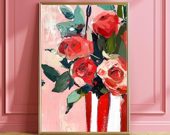 抽象的なバラの油絵、キャンバスに描かれた花のアート、赤と白の花瓶の