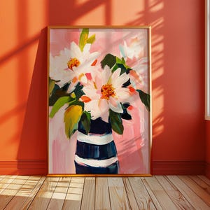 Arte de pared de dalia blanca, impresión de pintura floral llamativa, decoración botánica en tonos pastel rosa, ilustración floral moderna, regalo artístico de jarrón para ella
