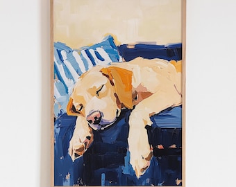 Yellow Labrador Retriever Sleeping Oil Painting, Minimalist Abstract Dog Wall Art, Modern Pet Home Decor Print