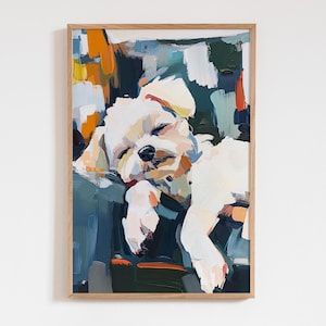 May include: A framed painting of a sleeping white dog with closed eyes. The artwork features a loose, impressionistic style with visible brushstrokes in shades of white, blue, orange, and green. The dog is resting on a dark blue surface.