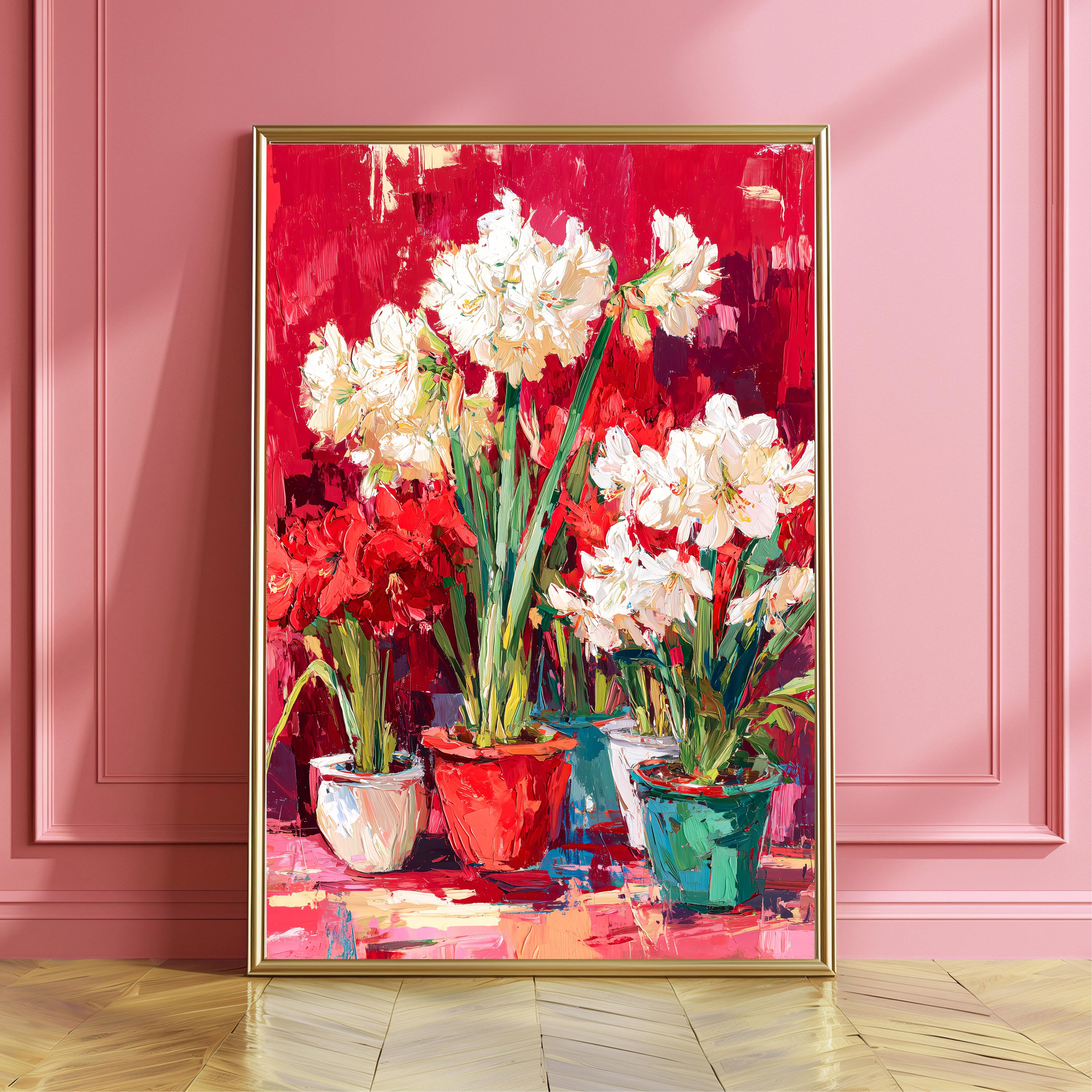 白いアマリリスの花の絵画 赤い背景 | モダンアート マティススタイル