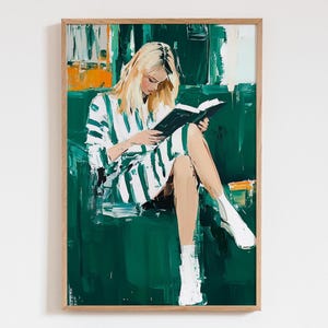May include: A painting of a person sitting on a green sofa and reading a book. The person is wearing a white and green striped shirt and white socks. The painting is done in a loose, expressive style.