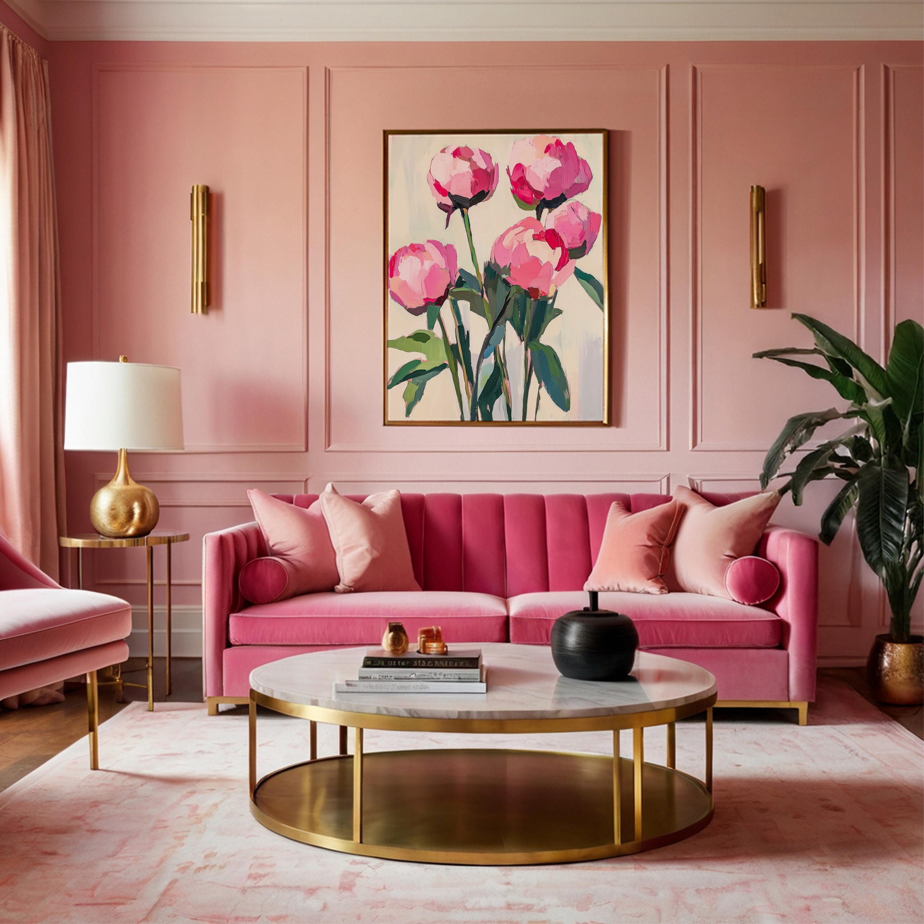 Pink Peony Wall Art, Minimalist Floral Print, Palette Knife Painting ...