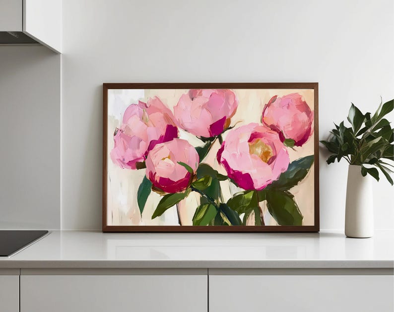 Five Pink Peonies Wall Art, Abstract Oil Style Floral Print, Matisse ...