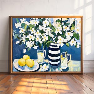 White Flower Still Life Print, Lemons & Glass Impressionist Wall Art, Blue Pink Kitchen Decor, Floral Vase Painting Gift Idea