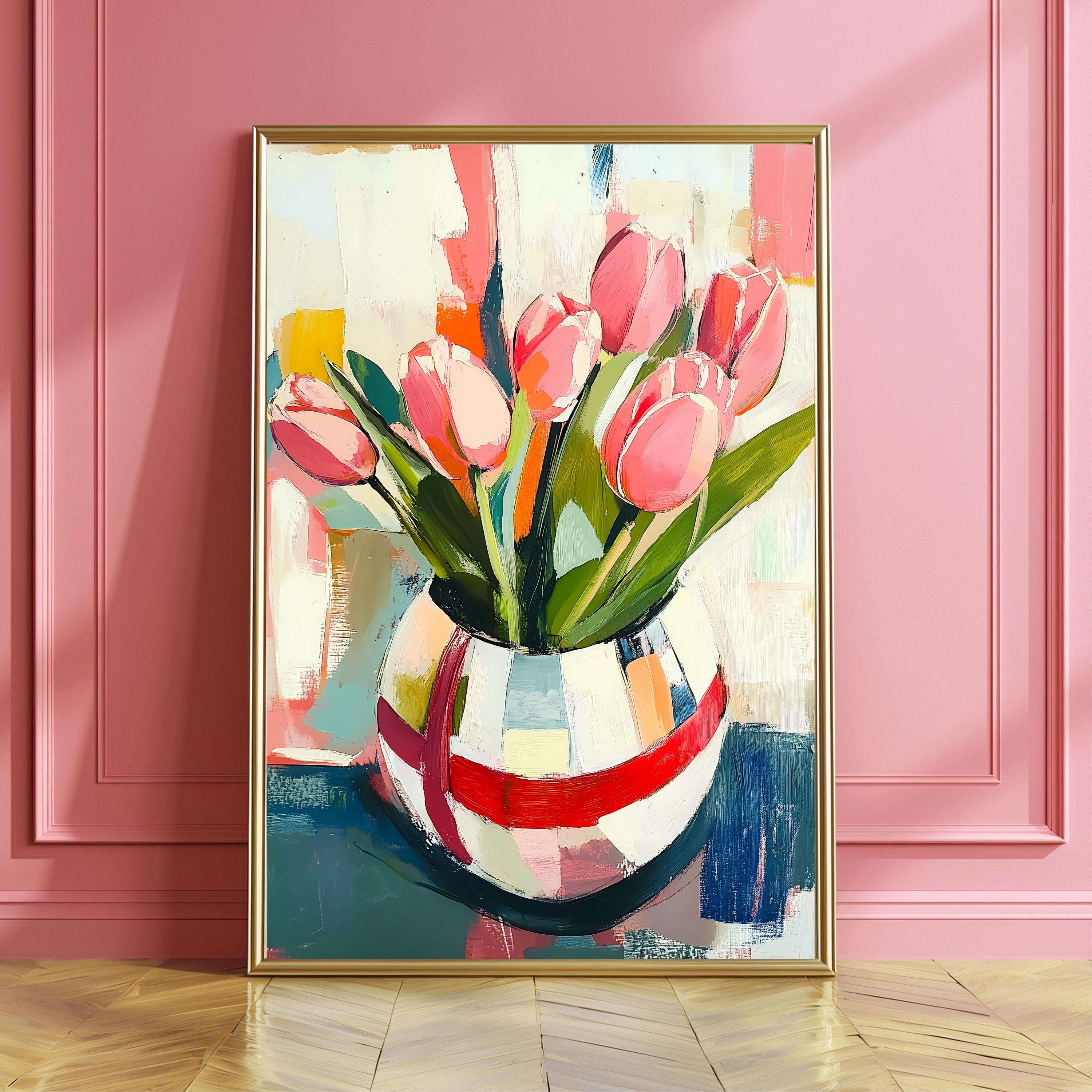ピンクのチューリップの抽象画プリント、モダンな花柄絵画、大胆な筆致