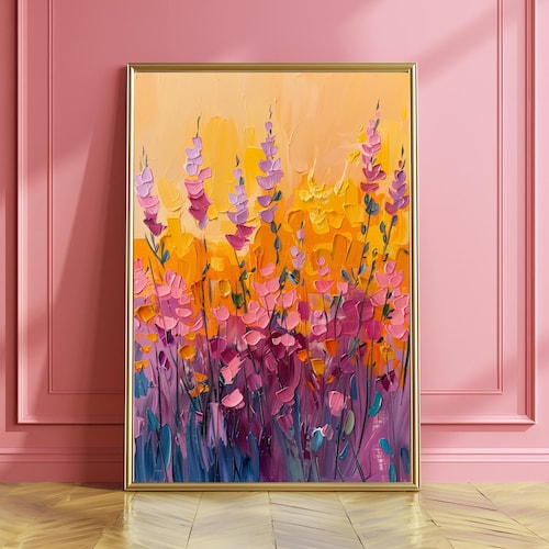 Printed Purple Yellow Wild Flowers Eclectic Funky Maximalist Art